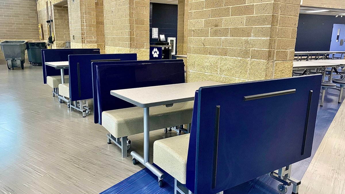 New booths sit in the Cafeteria for students use during lunch. These  a new modern look for the schools cafeteria adding different types of seating for students.
